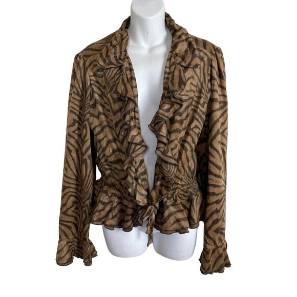 Joseph Ribkoff Veston Jacket Sz 12 Brown Zebra Print Open Waterfall Drawstring - Picture 1 of 10
